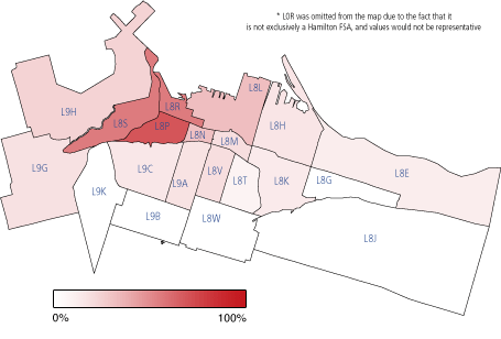 Figure 04b: Survey responses by postal code, compared against 2011 census data for Forward Sortation Area populations.